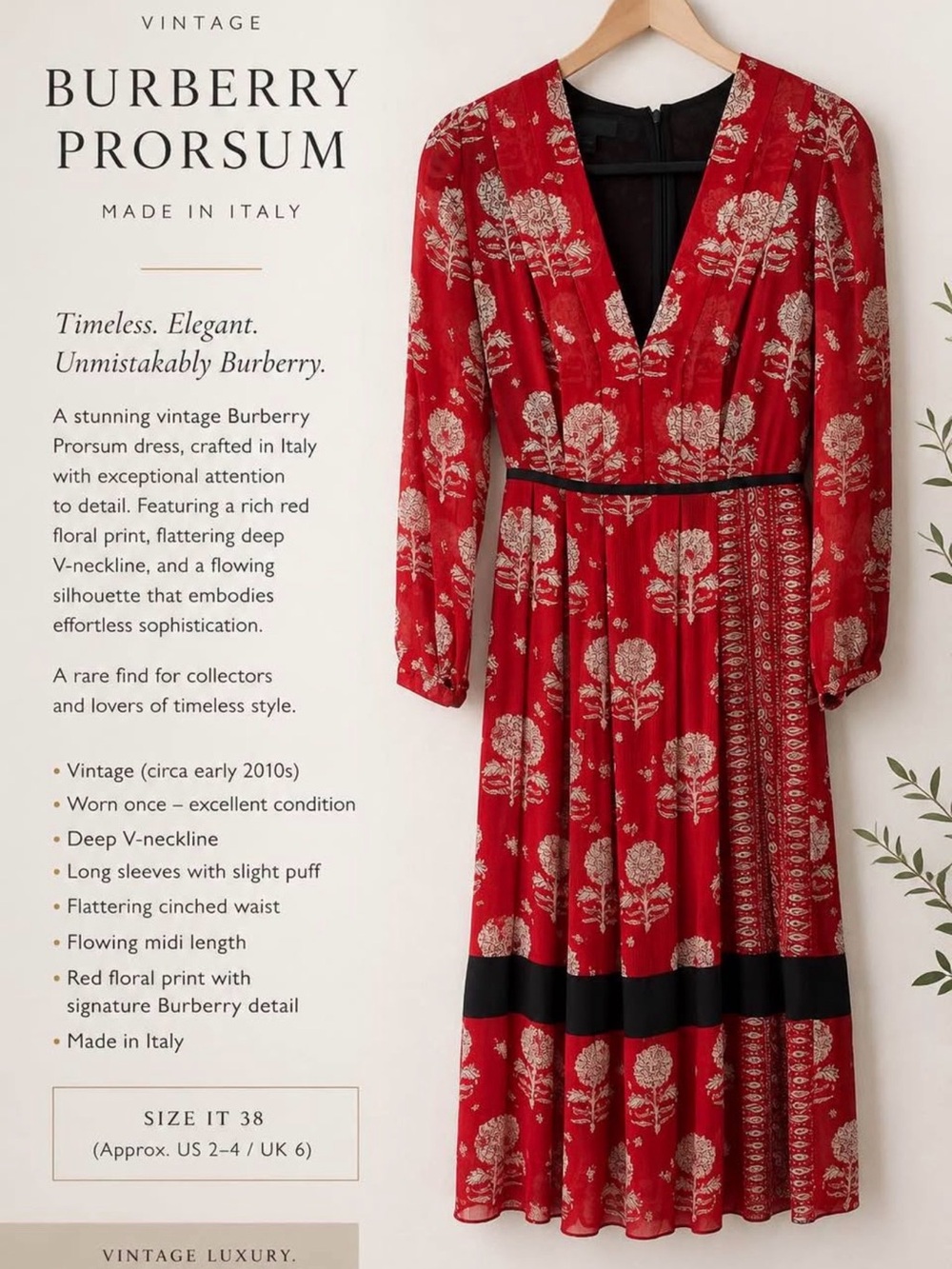 Burberry Red Floral Long-Sleeve Midi Dress with Black Trim